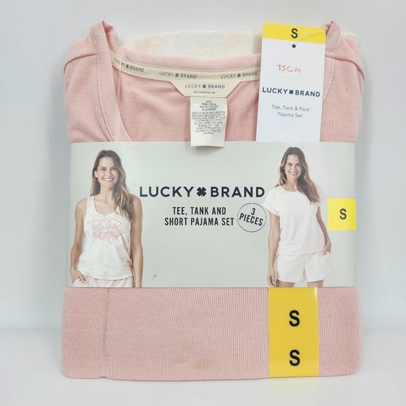 Lucky Brand Women's 3Pieces Tee Tank & Shorts Pajama Set Light Pink Small NWT - Picture 2 of 3